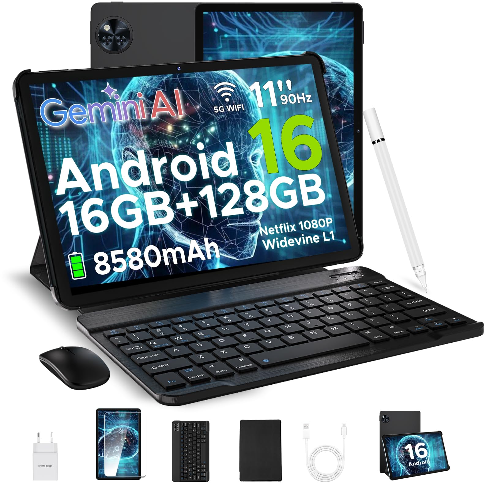 DOOGEE U11 Android 16 Tablet 11 Pollici, 16GB+128GB/2TB TF Tablet con Tastiera, 90Hz, 8580mAh, 7.9mm Thin, Unisoc T7200 Octa Core/13MP/Widevine L1/Face ID, Tablets con Penna & Mouse & Case - Nero