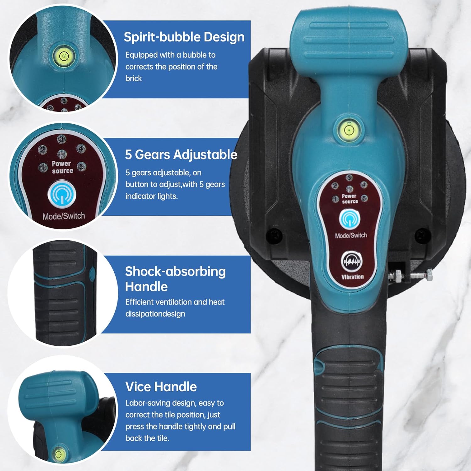 Tile Vibration Levelling Machine 21V Max Battery Tiling Tool with 5 Adjustable Speed High Loading Capacity Wall Floor Tiles Laying Vibrating Tool Enlarged Suction Cup with Bubble Leveler Home