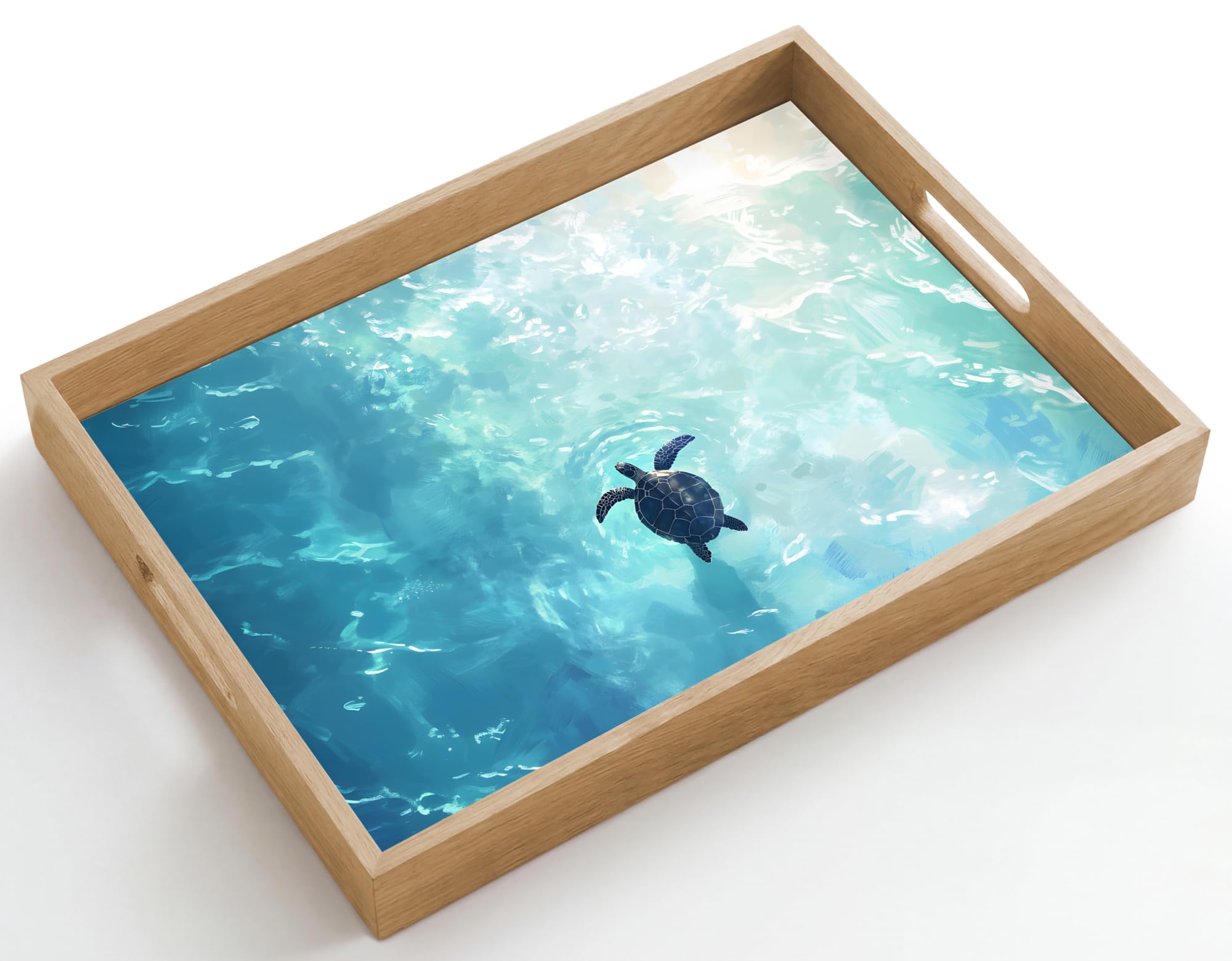 Holztablett Rechteckig 50x35 cm Küchentablett Servier Tablett Eiche Serviertablett Holz Servierplatte Mit Henkel Tray Kaffeetablett Schildkröte - Meer - Blau - Glitzern