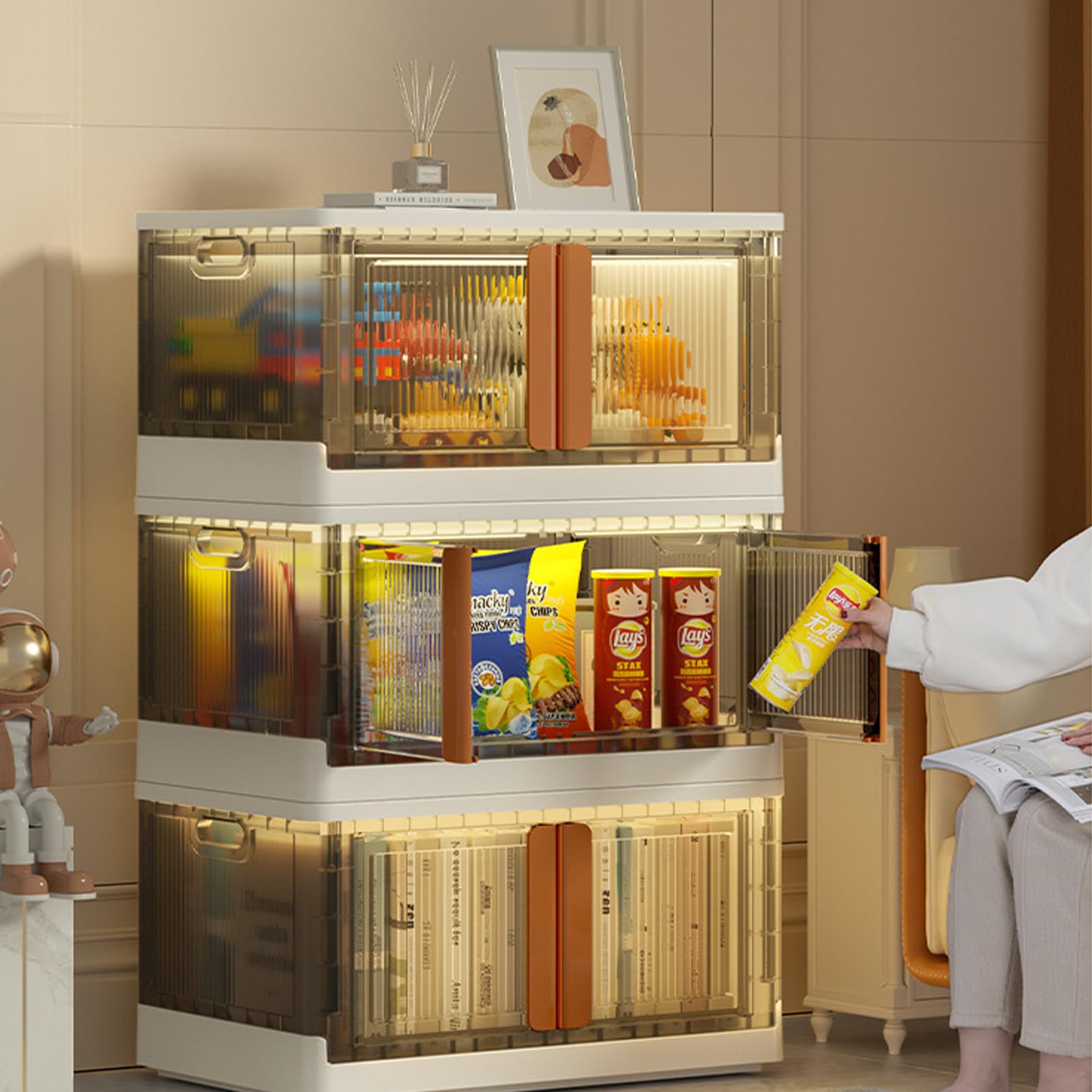 Foldable Storage Boxes with Doors - 3 Pack, 32 Capacity - Closet Organizer, Folding Cabinet with Lids, Wheels - Ideal for Home,Dorm,Trunk,Bedroom - Plastic Collapsible/Stackable Storage Bins/Cube New