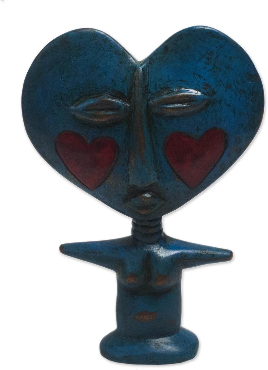 NOVICA Wood Fertility Doll Blue Lover Handcrafted Sese in from Ghana 8in H X 5.75in W X 1.6in D Sculpture Heart Cultural