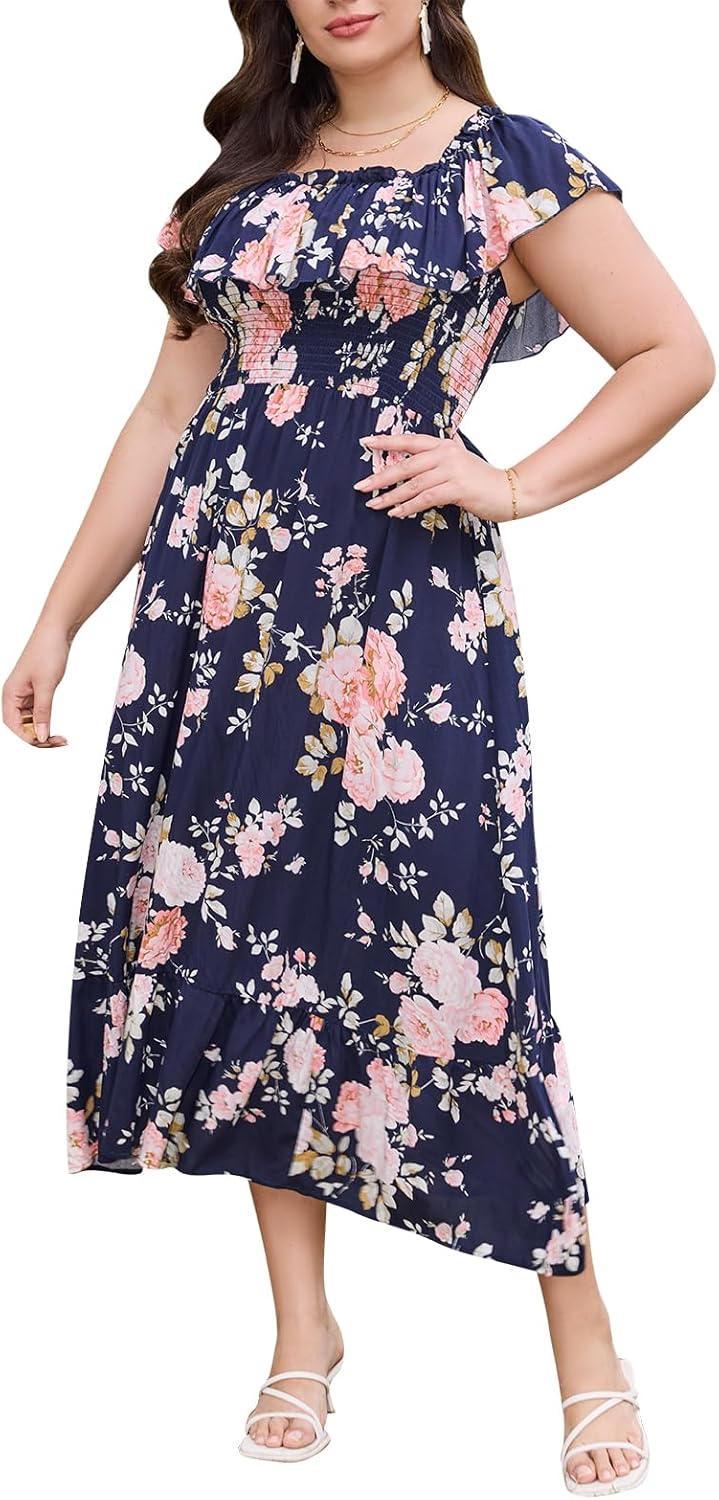 Keluummi Plus Size Summer Maxi Dresses for Curvy Women, Casual Floral Off Shoulder Long Church Sundress with Empire Waist