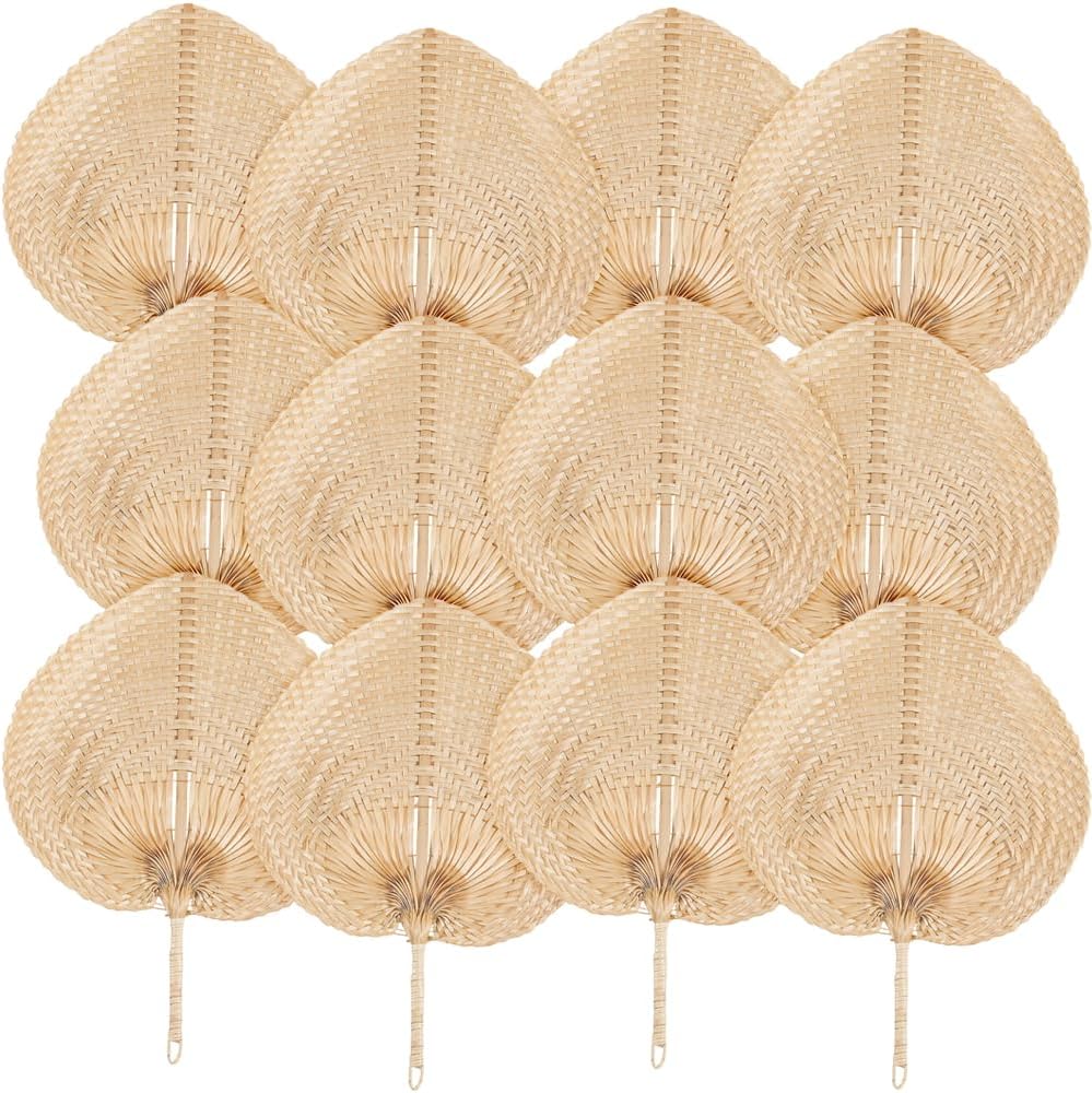 Fun Express Natural Bamboo Raffia Hand Fan Bulk Set of 12 - Premium Handheld Paper Fans for Wedding Favors for Guests | Elegant Party Decorations for Outdoor Events, Church & Bridal Shower Supplies