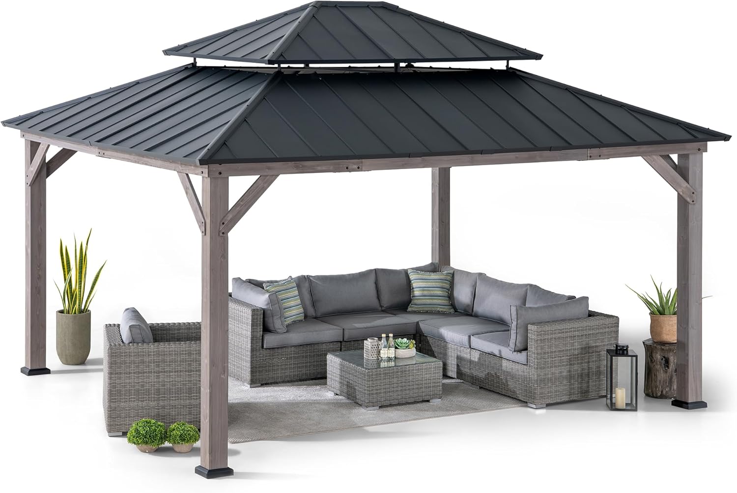 Sunjoy Archwood 13 ft. x 15 ft. Cedar Framed Gazebo with Black Steel 2