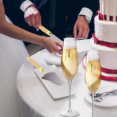 Miniatura 7 de Boao Juego de 4 flautas para tostadas de boda y servidor de pasteles, suministros de recepción de boda, copas de champán, cuchillo para tartas,