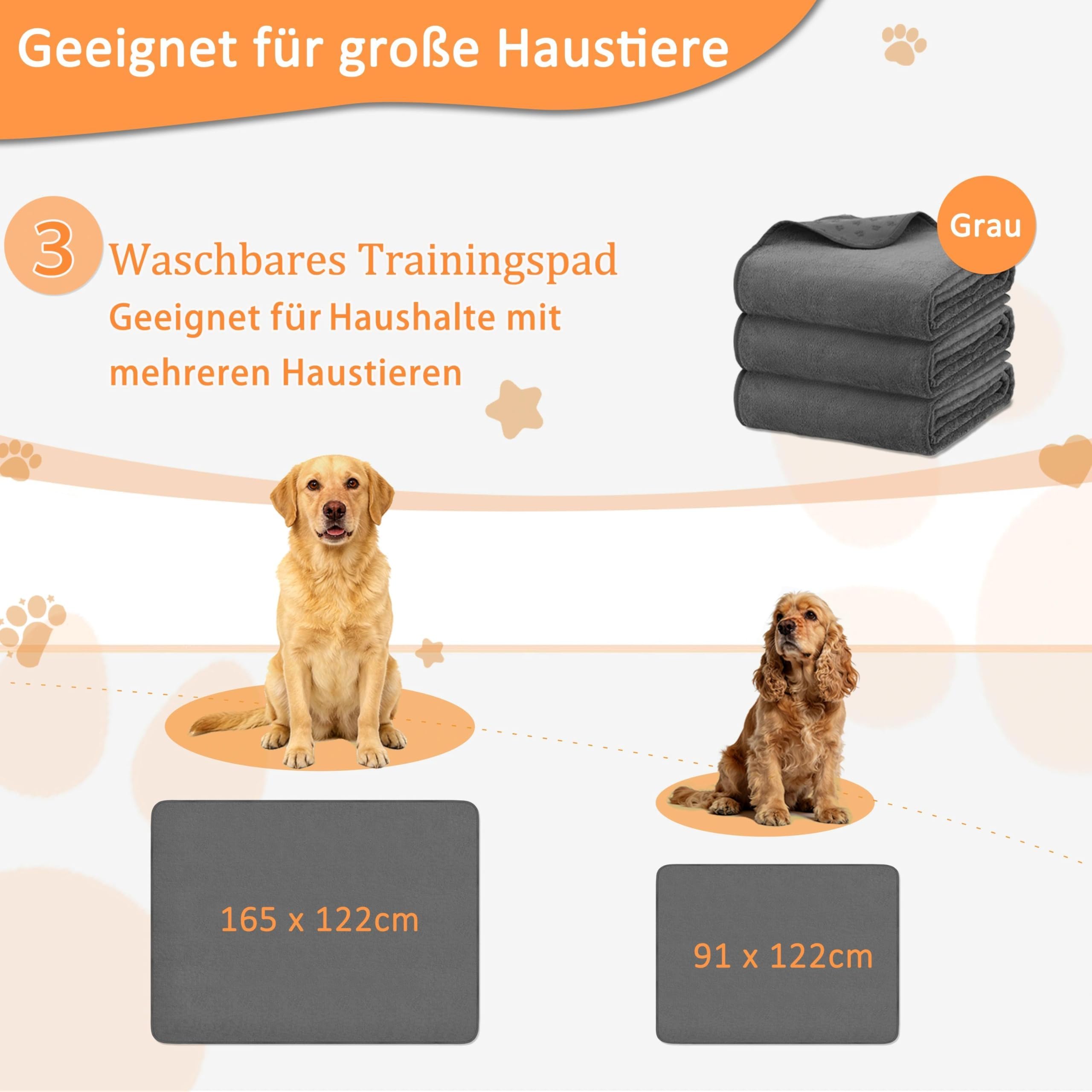 Bunlitent Waschbare Hundepads 165x122 cm 3er Set, Waschbare Haustier-Urinunterlage Schnell Absorbierend, Wasserdicht für Welpen & Inkontinente Hunde, Stubenreinheit & Training, Grau
