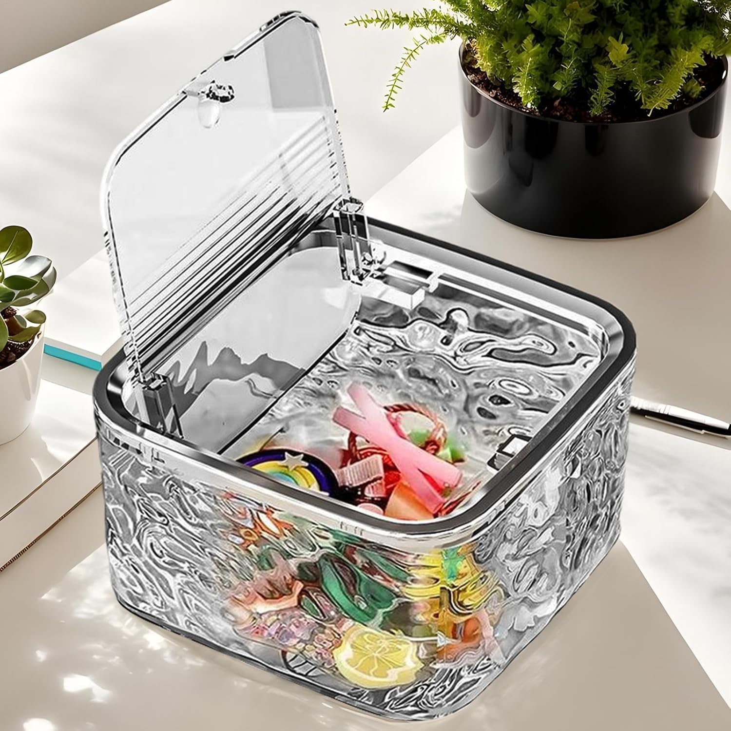 Hair Accessories Organizer Box with Lid, Nail Art Decoration Storage Box, Mini Trash Can, Small One-Key Press Acrylic Desktop Dustbin Waste/Garbage Disposan (Small)-image-47