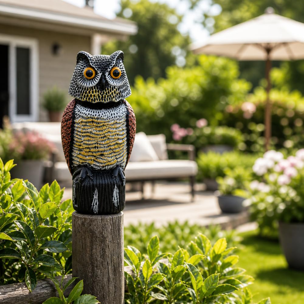Remi Hogar Búho Espantapájaros Realista | Ahuyenta Palomas, gaviotas y Otras Aves urbanas | para Exteriores, Balcones, Jardines y Piscinas | Poliuretano | Respetuoso con el medioambiente y Fauna