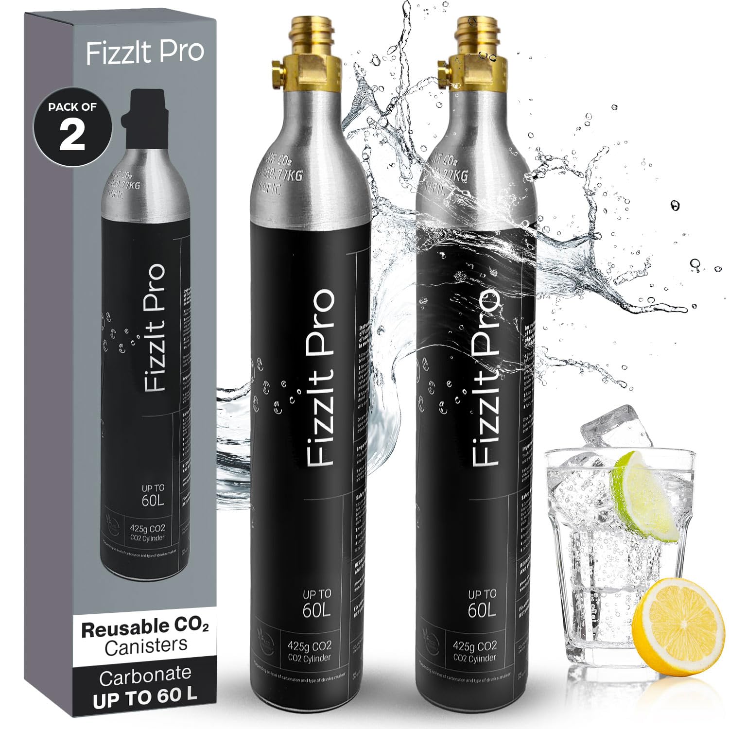 FizzIt Pro 425g CO2 Cylinders, Carbonates Up to 120L, Refillable Soda Makers, Fits Most Screw-Type Compatible Models, Efficient Carbonation for Water & Beverages, Compact & Cost-Effective (Pack of 2) — image 1