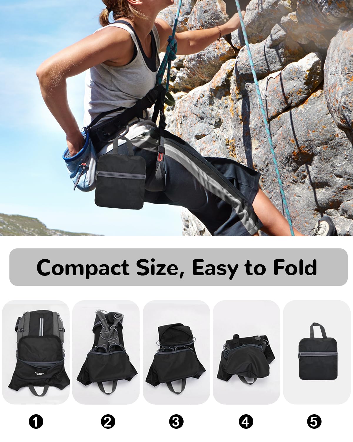 Faltbarer Fahrradrucksack Kleiner mit Helmnetz, MTB Rucksack Herren & Damen, Ultraleicht Wanderrucksack für Laufen Radfahren Skifahren, Schwarz