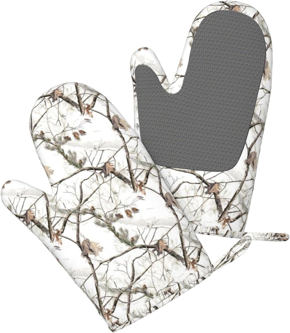 White Tree Oven Mitts and Pot Holders Set of 4 Heat Resistant Kitchen Gloves with Silicone Palm Hot Pads for Baking Cooking Grilling BBQ