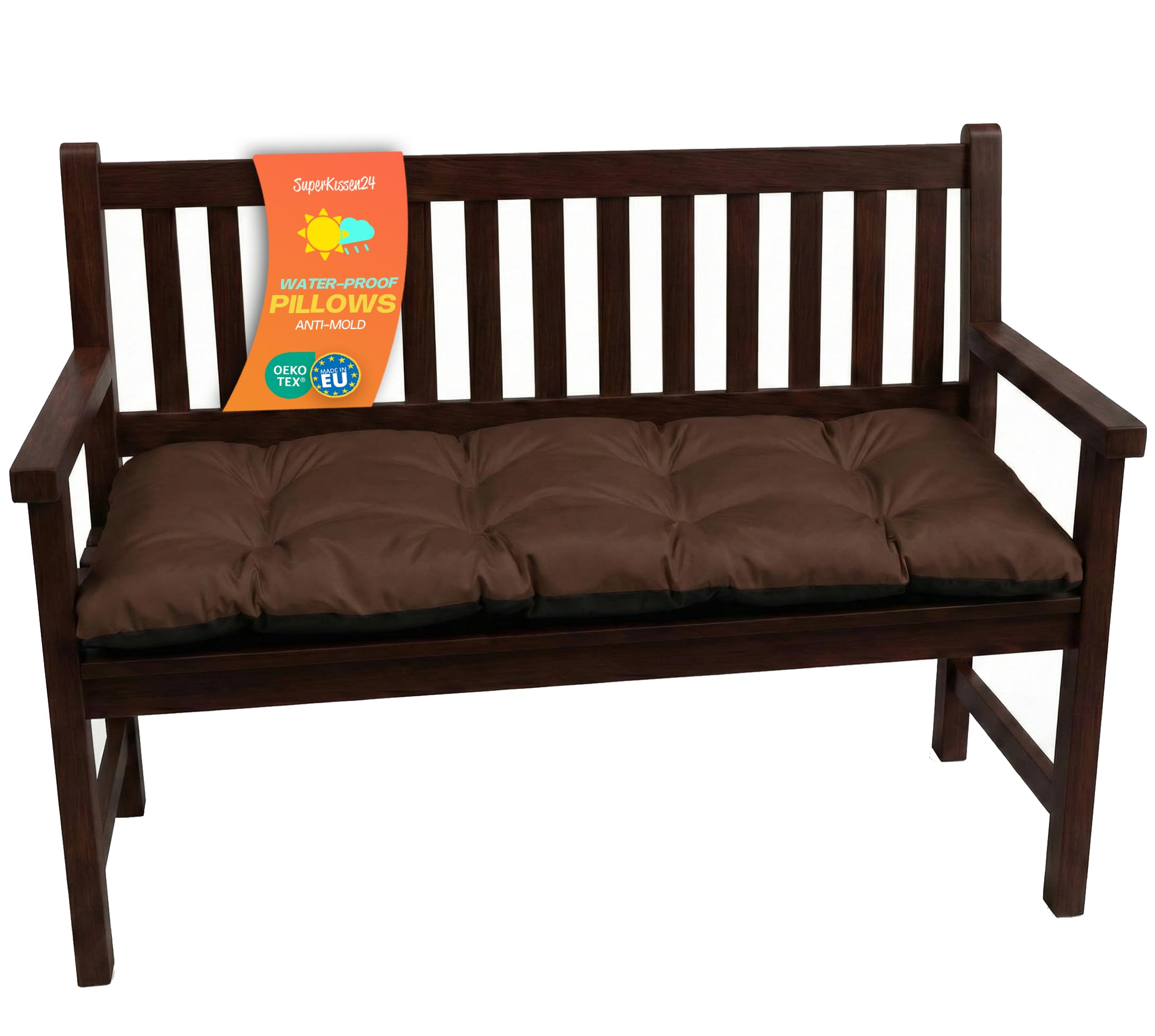 Superkissen24. Large Garden Bench Seat Cushion Seat Pad - 140x50x7 cm - Seat cover for Garden Bench, Garden Swing or Garden Sofa - Outdoor/Indoor Long Bench Pillow - Waterproof - Brown