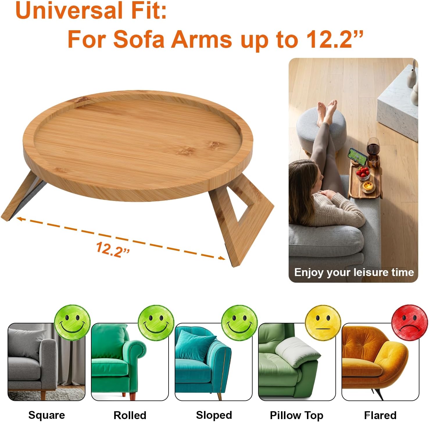 Vespara 2 Pack Couch Armrest Table, Folding Bamboo Sofa Table Tray,Flexible and Anti-Slip Sofa Armrest Trays Clip-On Couch Tray for Phone,Eating, Remote Control,Drinks (Round)