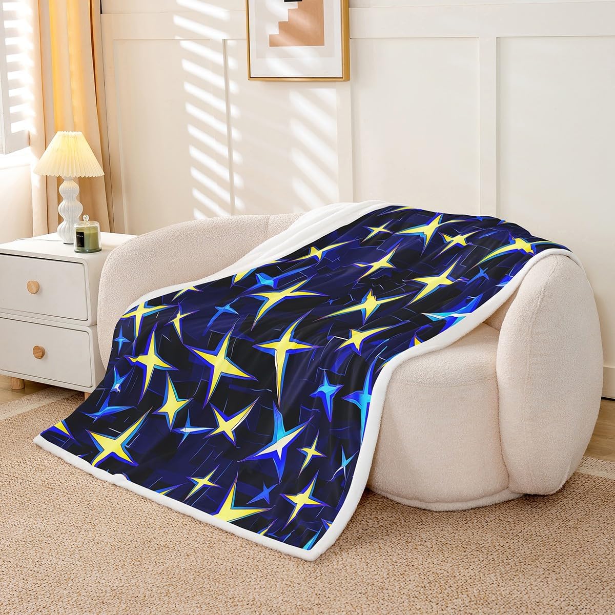 Feelyou Twinkle Stars Print Fleece Throw Blanket for Bed Sofa Couch Kids Queen 90"x90" Kawaii Cute Plush Blanket Modern Art Sherpa Blanket Bright Blue Fuzzy Blanket