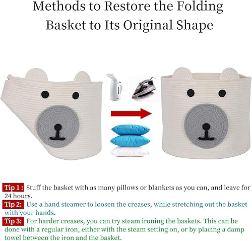 Miniatura 9 de Cesta de almacenamiento de juguetes con bonito diseño de oso, cesta de ropa de bebé con asas, cesta de cuerda para guardería, 16 pulgadas de