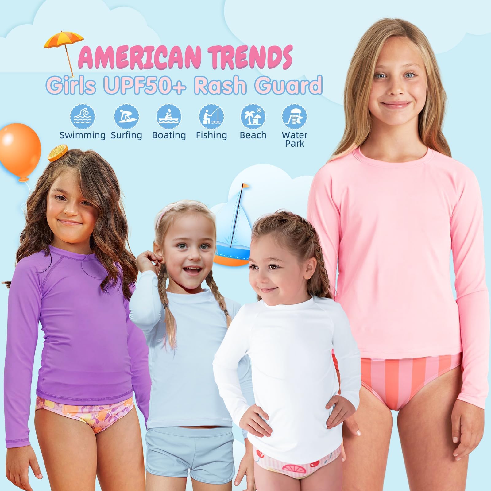American Trends Rash Guard: UPF+ 50, maglietta a maniche lunghe con protezione UV per ragazze, leggera e ad asciugatura rapida, 5-16T