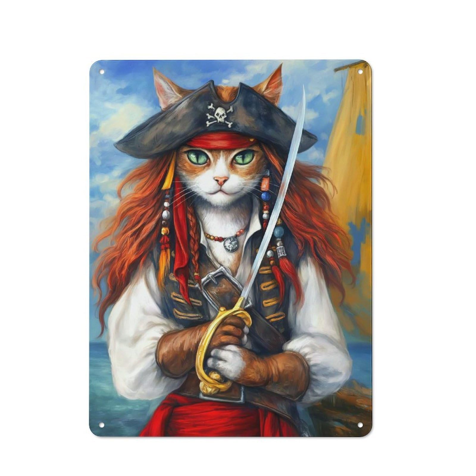 Junmoney Cat Pirate Captain Illustration Metal Sign 40X30cm With For Pub Or Café, Retro Decor, For Cooler-Month Interiors With Retro Character