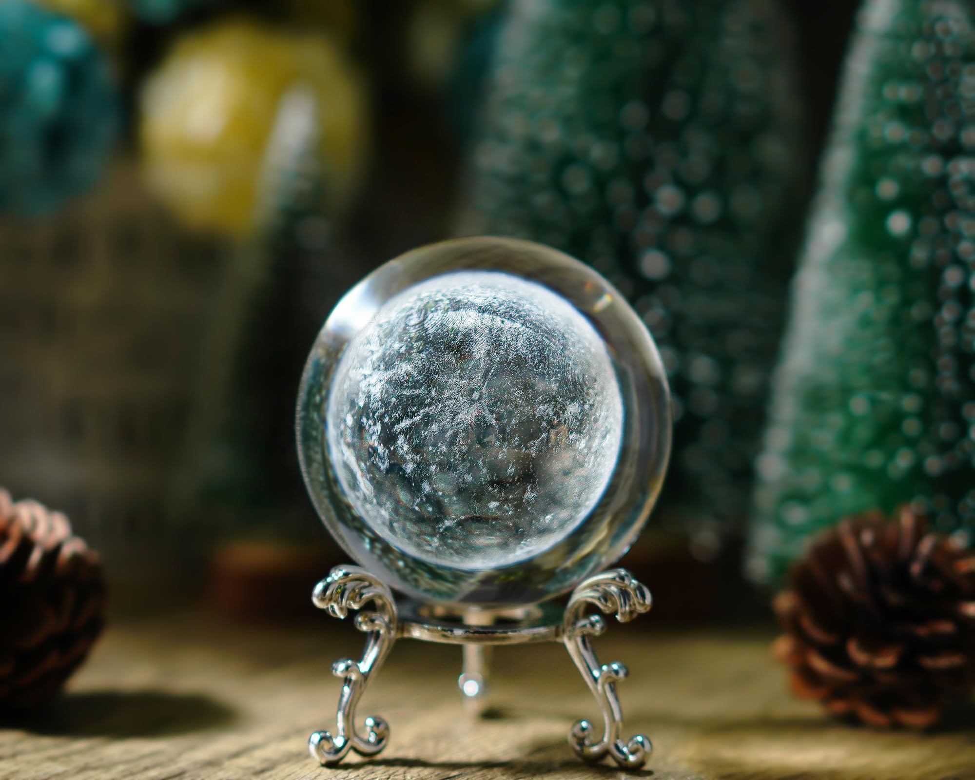 H&D HYALINE & DORA 70mm (2.75 Inch) 3D Laser Moon Crystal Glass Ball Paperweight with Metal Stand Home Decoration Collectible Gift