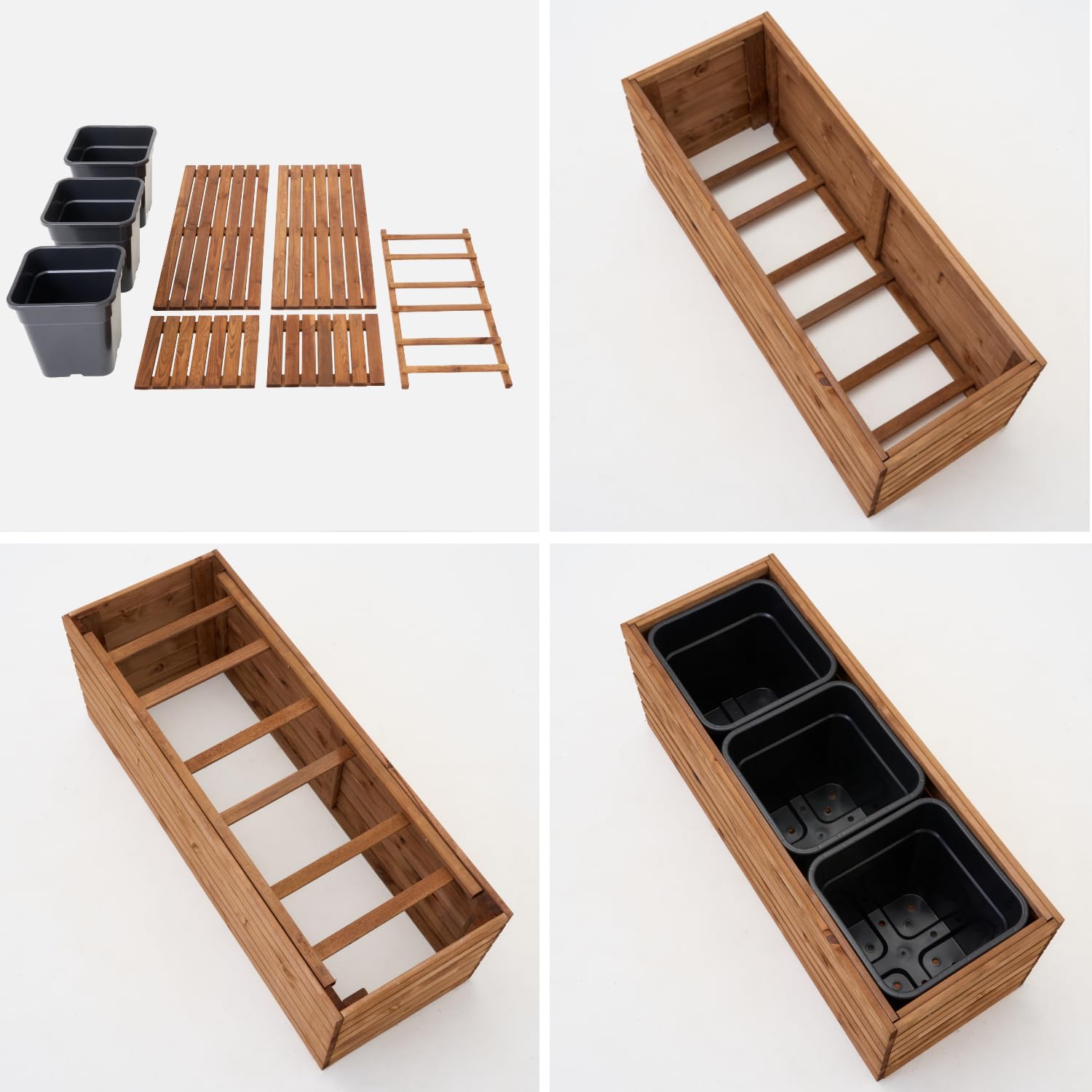 Blumenkasten Holz Braun zum Selbstaufbau - Rechteckiger Pflanzkübel groß für Garten & Balkon - wetterfest mit 18L Pflanzeinsatz - DIY Outdoor Pflanzkasten (Horizontal-braun, 98x36 H35)