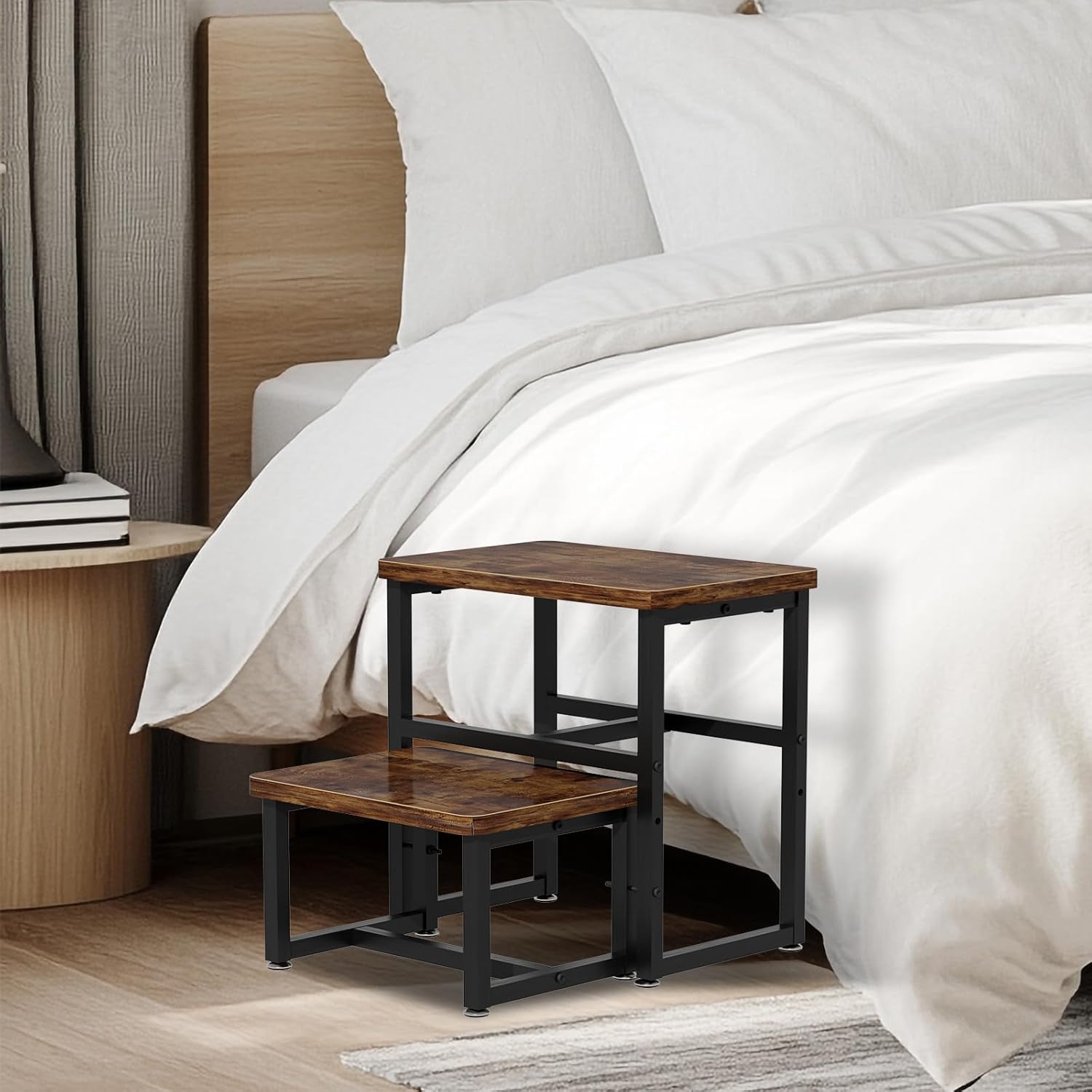 Toddler 2 Step Stool, Kids Wooden 2 Step Stools for Bathroom, Kitchen, Bedroom and Living Room, Heavy Duty Tall Stepping Stool for High Beds and Toilet up to 450-LBS