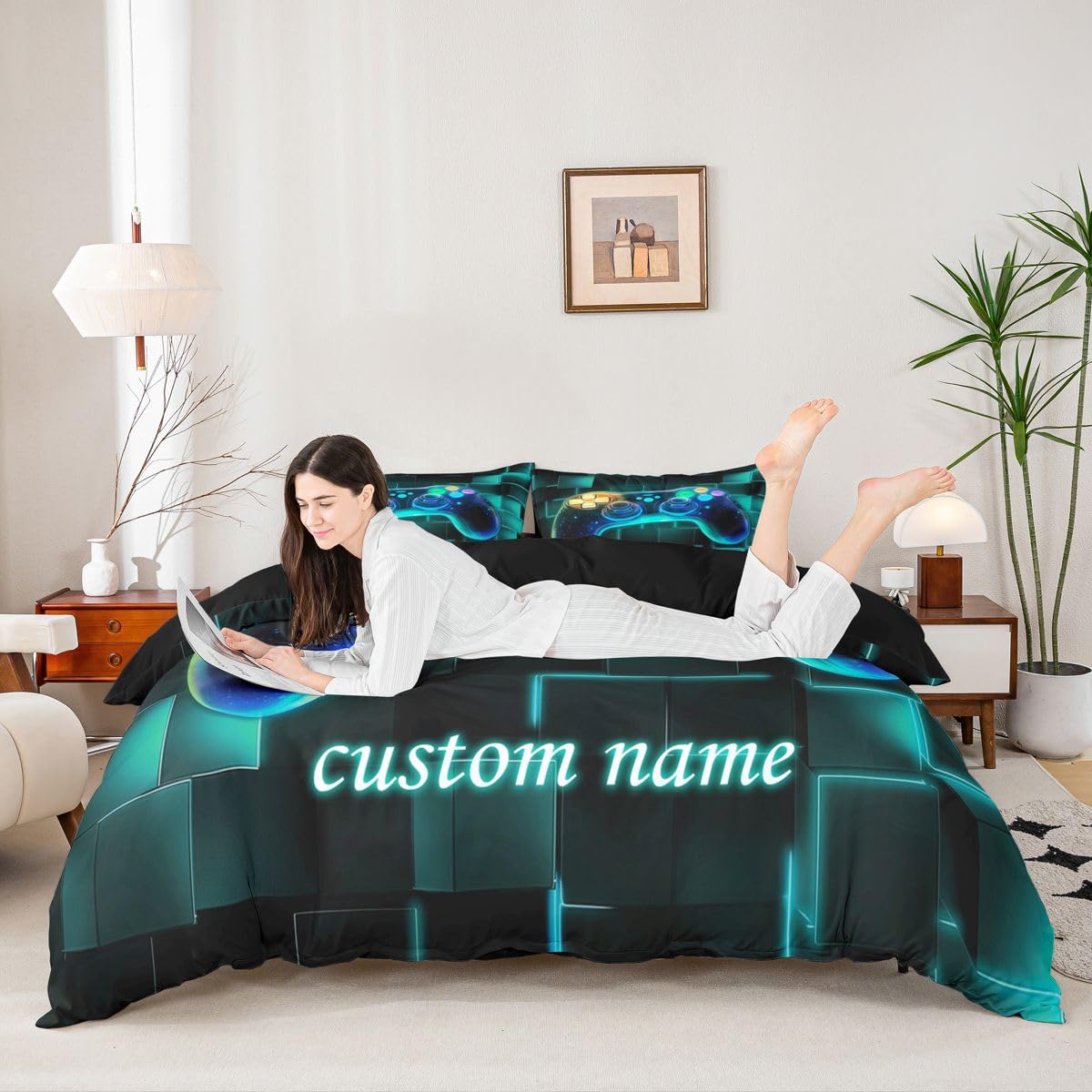Homewish Juego de funda de edredón personalizada con diseño de consola de videojuegos para niños y jóvenes, juego de ropa de cama azul con nombre personalizado, funda de edredón con estampado de