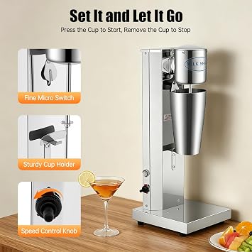 Milkshake Maker Machine Commercial Milk Shake Maker Mixer, Electric Malt Maker Machine, Drink Mixer with Single Head Malt Blender Stainless Steel Two-Speed 110V 180W 18000rmp (US Stock)