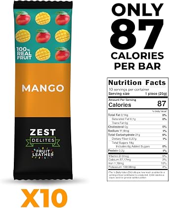 Dried Mango Bars by Zest Delites, Fruit Leather, Fruit Snacks, Healthy Snacks for Adults, Lavashak, Vegan, Healthy Sweets, Apple-Based Mango Strips, 25g x 10