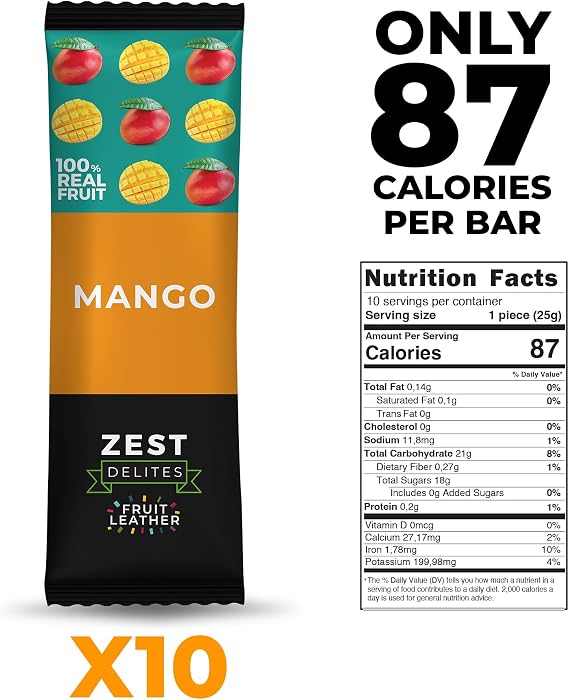 Dried Mango Bars by Zest Delites, Fruit Leather, Fruit Snacks, Healthy Snacks for Adults, Lavashak, Vegan, Healthy Sweets, Apple-Based Mango Strips, 25g x 10