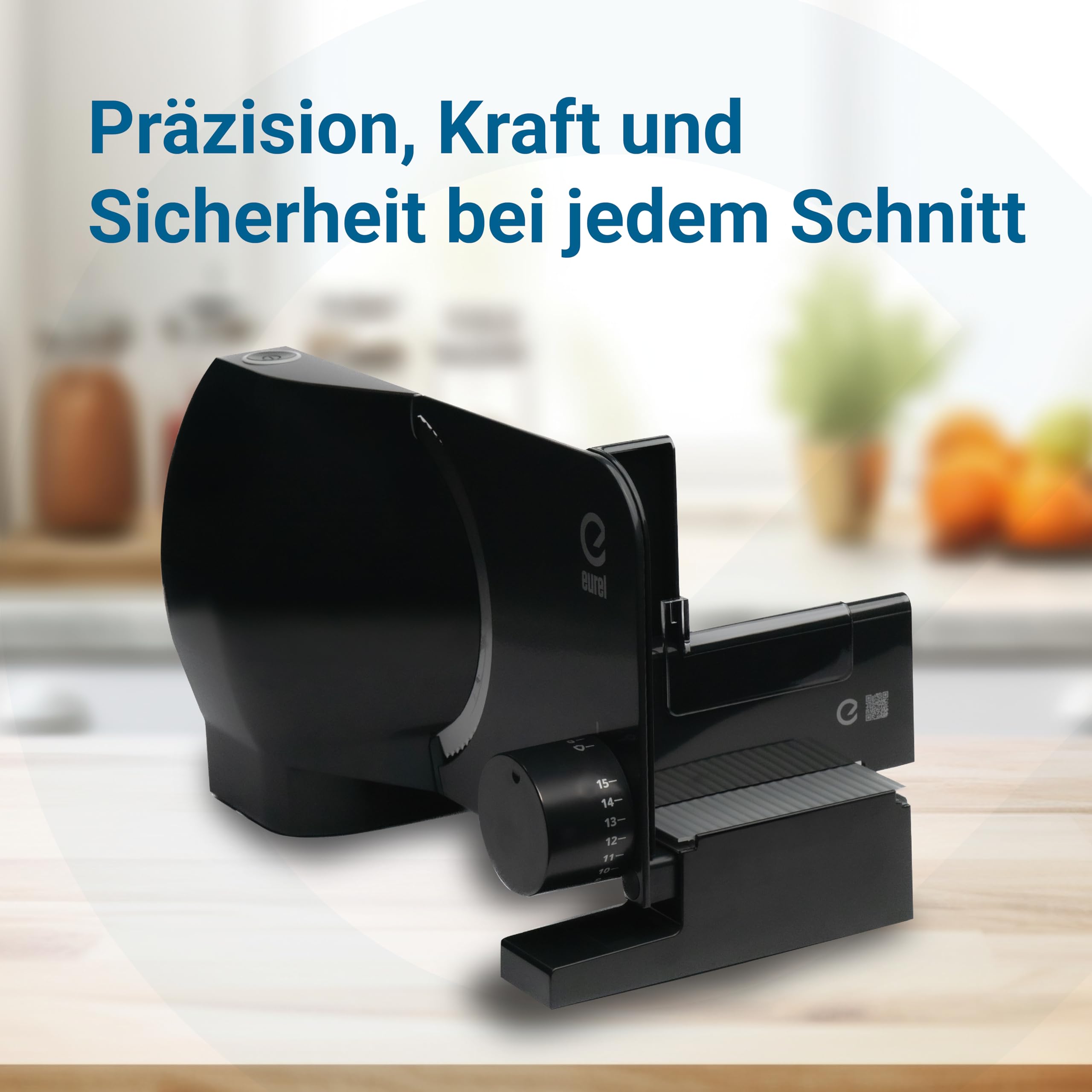 EUREL RS72 Allesschneider Elektrisch Schwarz – Brotschneidemaschine, 170 mm Edelstahlklinge, 0–15 mm Schnittstärke, EcoDrive 100 W Gleichstrommotor, Servier- & Aufbewahrungsschale