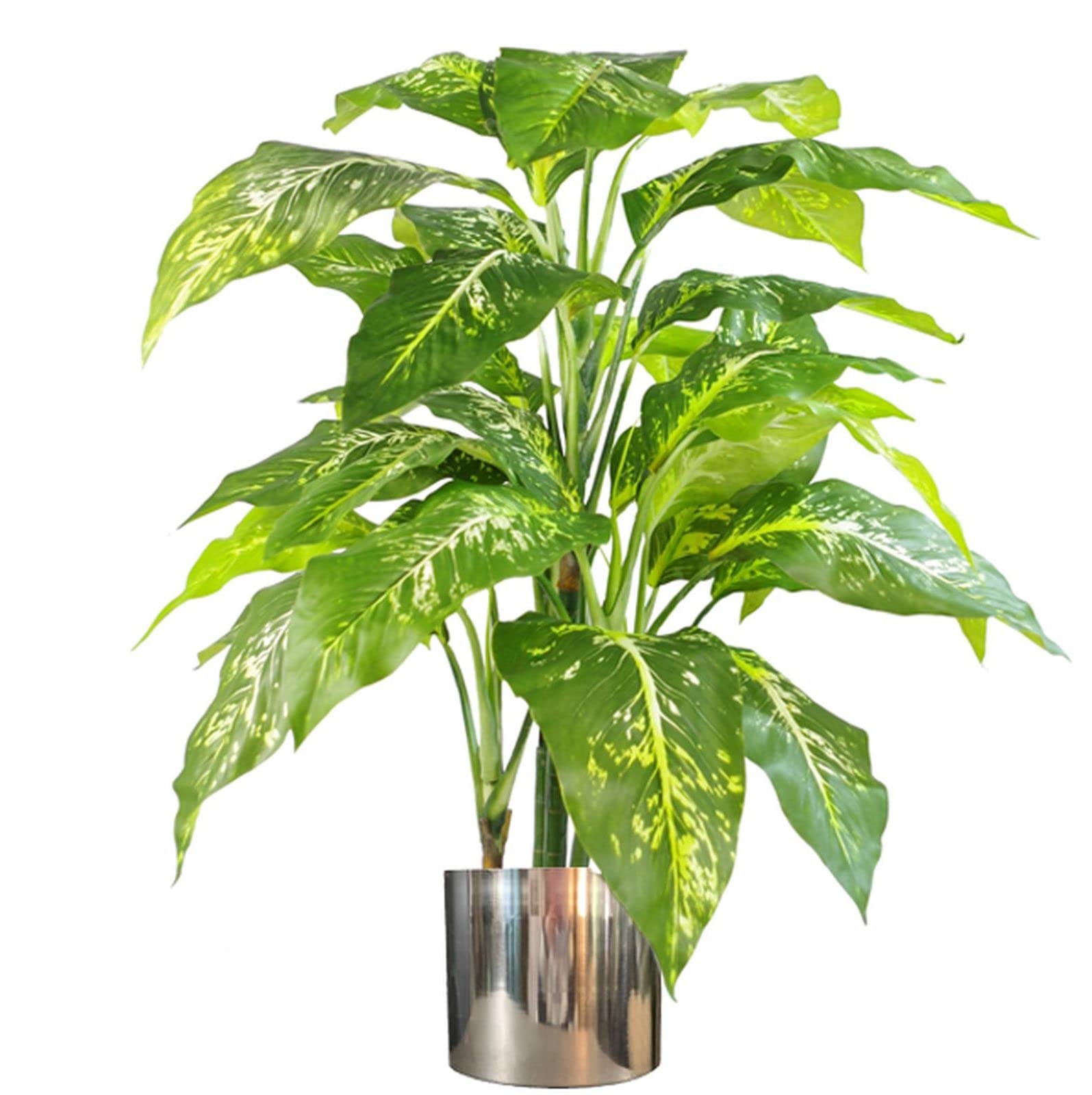 Leaf Artificial Fox's Aglaonema Tree 100cm - Green - Large - Silver Metal Planter