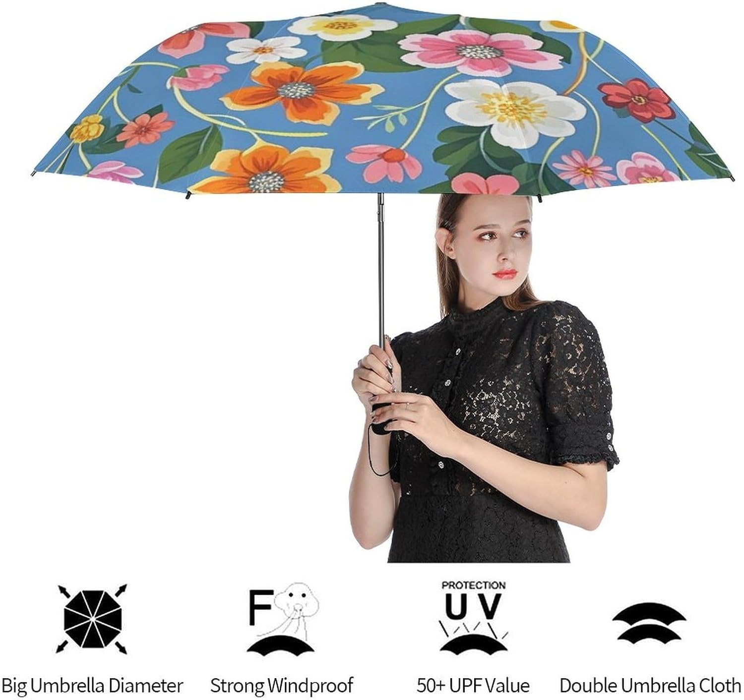 Floral Background Golf Umbrellas-2 Fold Automatic,Windproof Umbrella with Portable,Strong,Folding Umbrella for Women Men