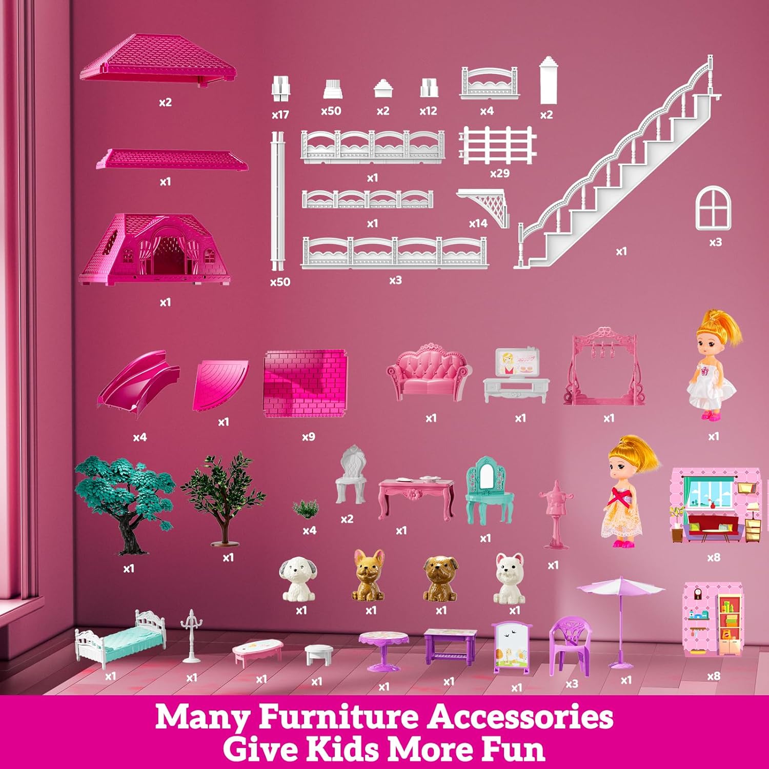 Villa Playset for Girls Ages 3-7, 3-Story 8 Room House with 2 Dolls, Furniture and Accessories, Indoor Playset Girls Toys for Ages 6-8, Pretend Toddler Toy, Birthday Gifts for Kids 4-8