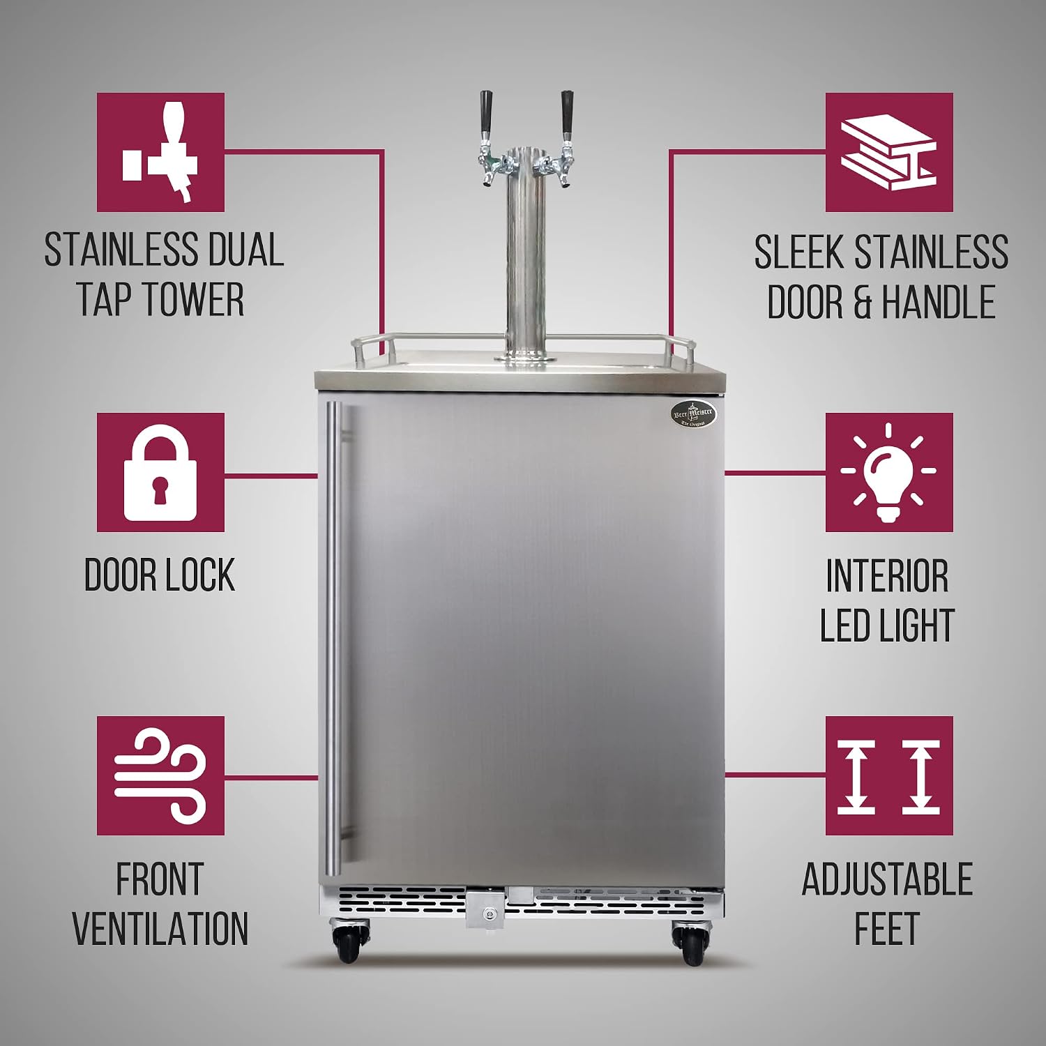 Beer Meister - Beer Kegerator Premium Series, Draft Beer Dispenser For Home Bar, Beer, Wine, & Bar Soda Dispenser System, Dual Tower w/Stainless Door, 24.88 x 23.88 x 39.25 inches