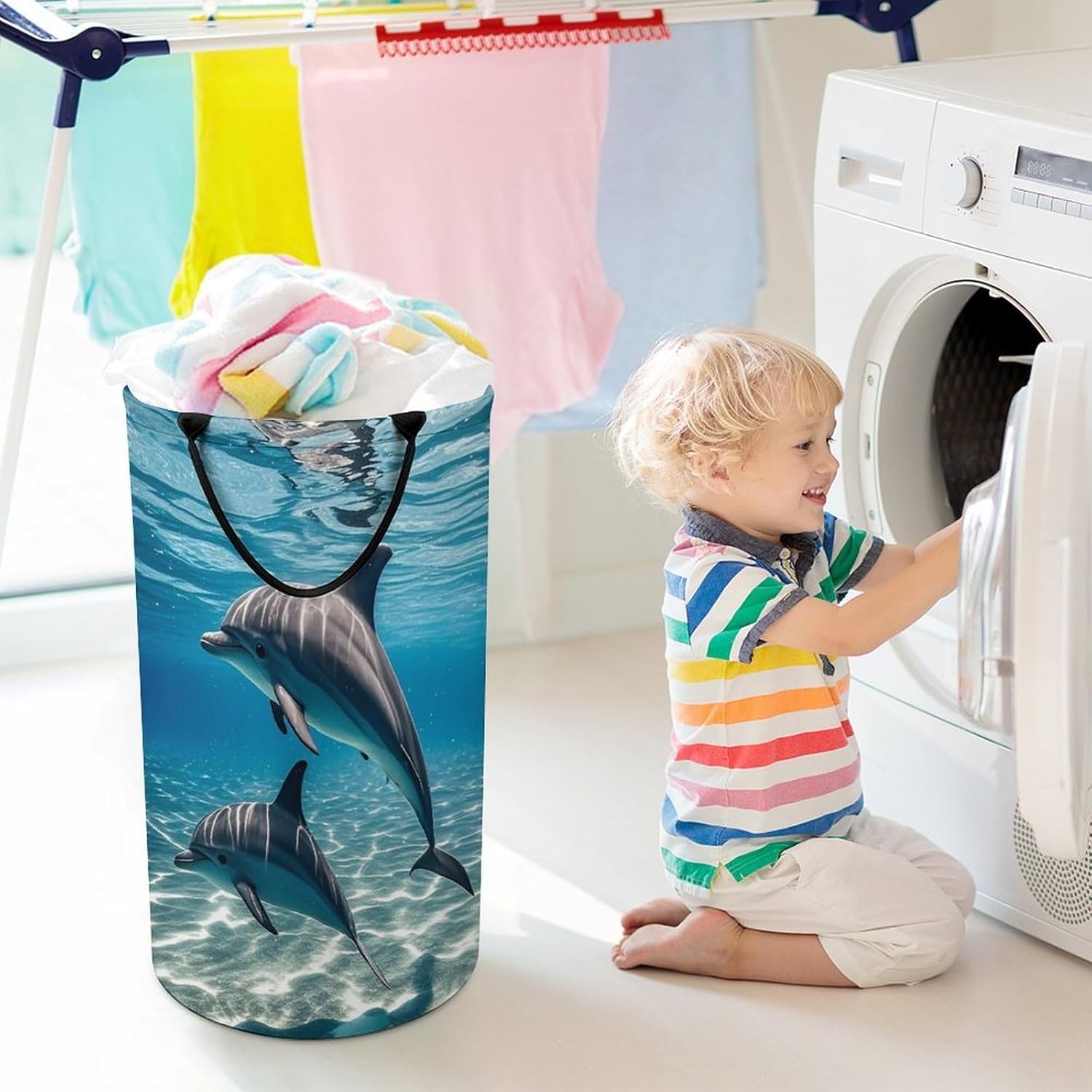 Dolphins Underwater Laundry Hamper Large Collapsible Laundry Basket with Handles Waterproof Clothes Hamper Portable Dirty Clothes Basket for Bedroom Laundry Room Closet Bathroom