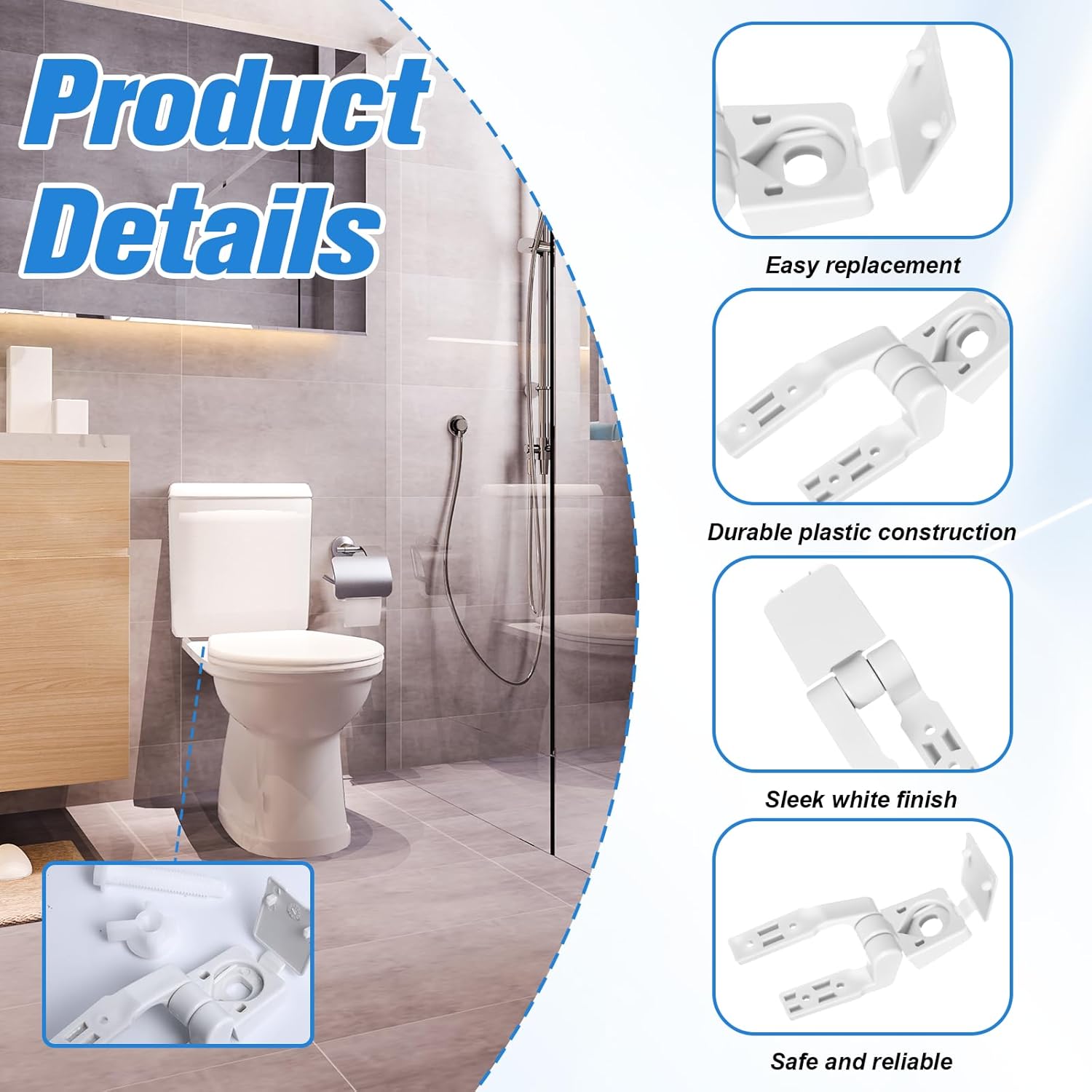 2Pcs Toilet Seat Hinge White Toilet Lid Hinges Replacement Screws Bolts Hardware Plastic Universal Standard Toilets Seats Parts for Toilets Seats Lids