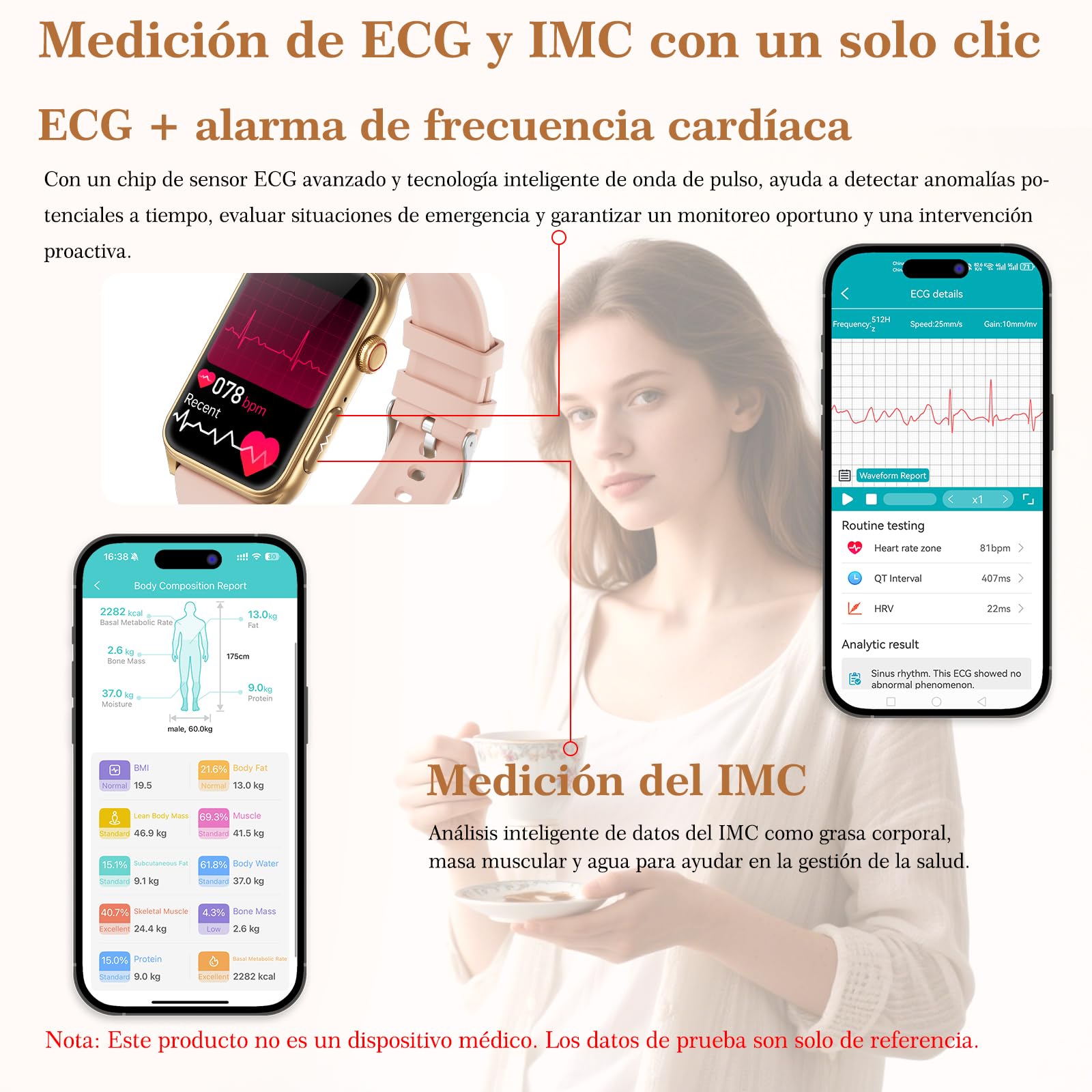 2026 Reloj Inteligente Mujer con ECG/Presion Arterial, 24H Pulsómetro, HRV | 1,57" HD Pantalla Cuadrada Pequeña Reloj Salud con IMC/Composición Corporal/SPO2/Función Femenina/Sueño/30s Mini Chequeo/SOS