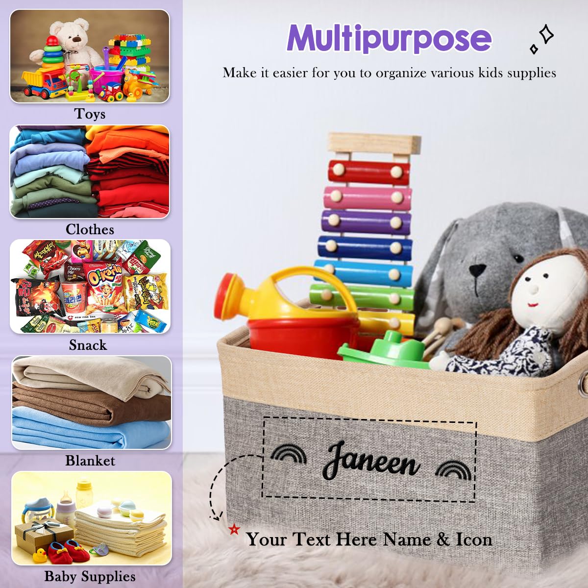 Personalized Kids Toy Box for Boys & Girls, Custom Embroidered Name Bin, Toy Storage Organizer - Collapsible Rectangular Basket (Grey)