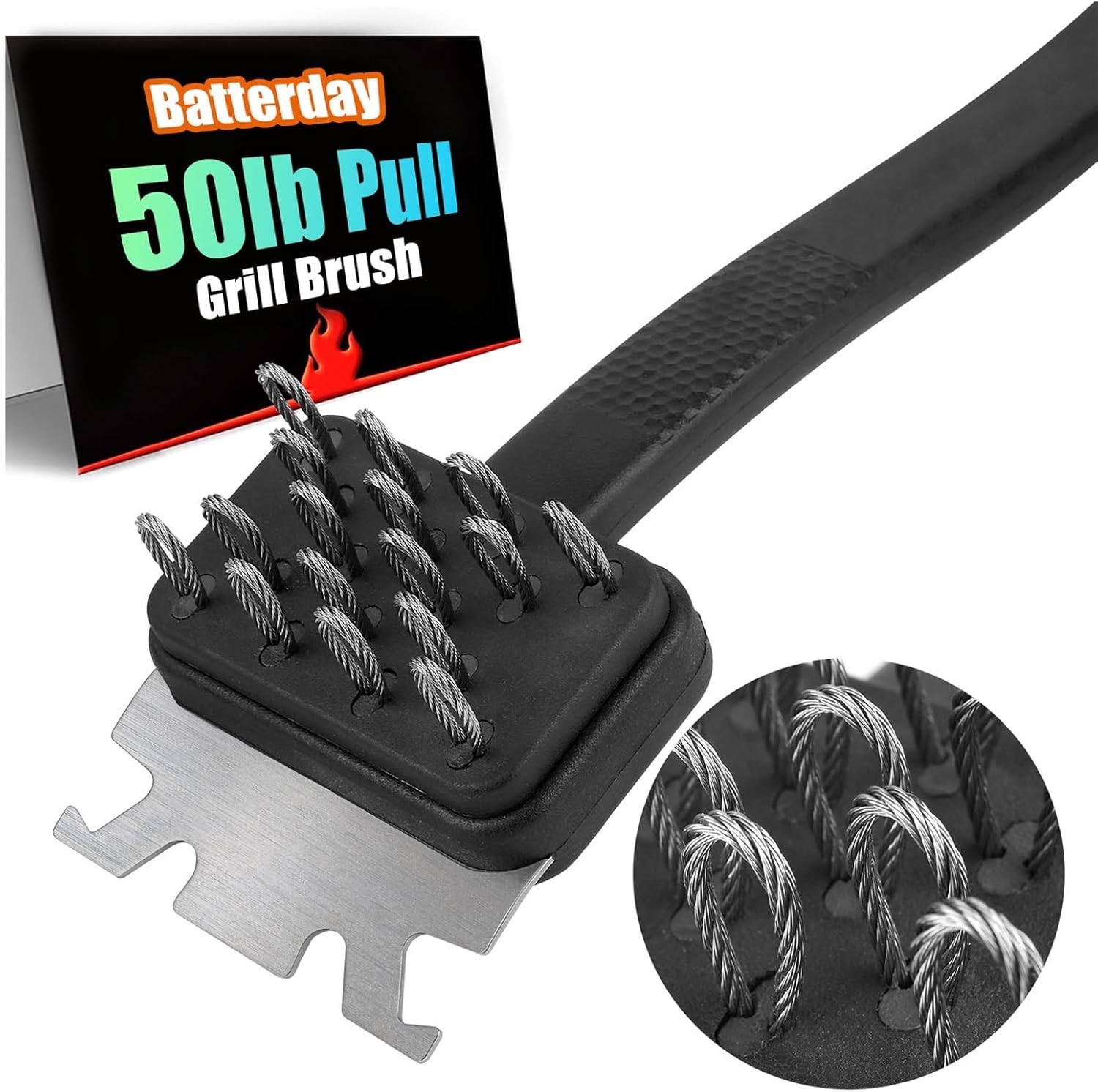 17.3" Patented Bristle-Free Grill Brush with Replaceable Head, Heavy-Duty Stainless Steel Scraper & 50lb Pull Wire Loops, Safe Steam Cleaning Tool for All Grills