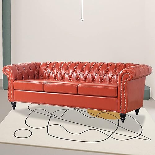 Miniatura 3 de Sofá Chesterfield de piel sintética copetuda naranja para sala de estar, brazo enrollado de 84 pulgadas, sofá de 3 plazas, con botón profundo,