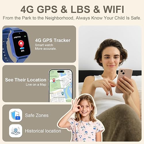Miniatura 2 de Reloj inteligente para niños y niñas con rastreador GPS, llamadas 4G LTE y seguimiento de ubicación en tiempo real, reloj para niños con video chat,