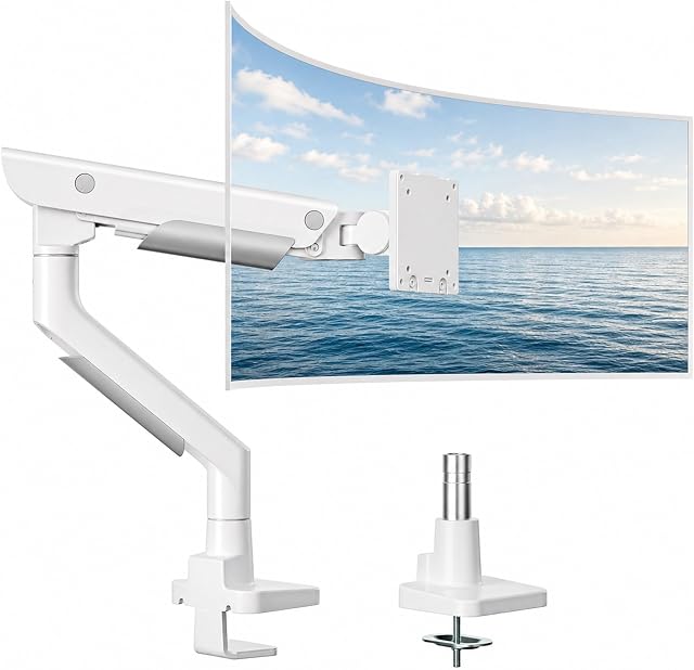 monTEK Heavy-Duty Monitor Arm for 17-57" Ultrawide, 59.4 lbs, White | Pneumatic lift, quick-release VESA 75/100 plate, full motion, clamp/grommet bases and hidden cable routing