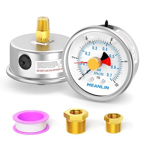 MEANLIN MEASURE Manómetro de Presión de Acero Inoxidable 0~10 Psi 1/4" NPT Carátula de 2.5" con Puntero de Reinicio Relleno de Líquido WOG Agua