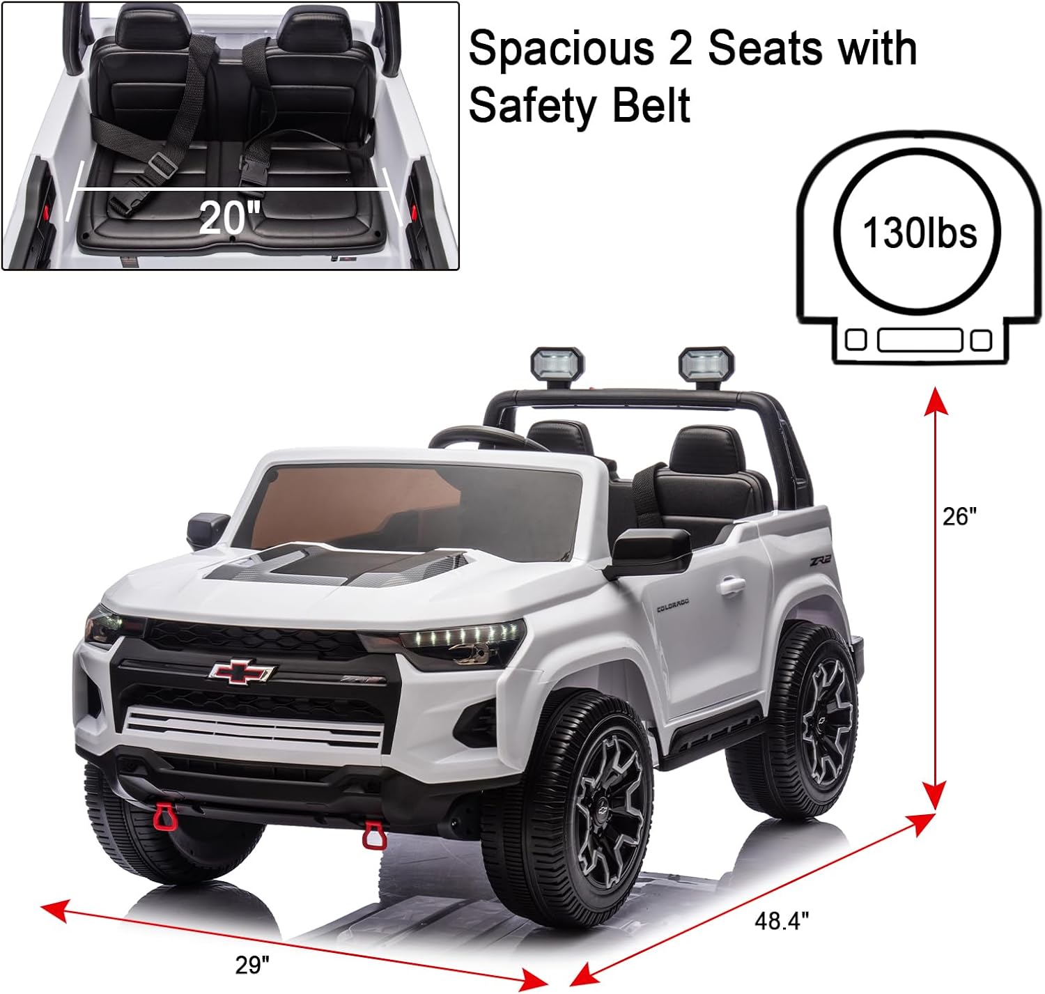 POSTACK Kids 24V 7Ah Kids Ride On Toy Car Chevrolet Official License 2 Seats Ride On Truck with Remote Control, LED Lights and Bluetooth Music Play Children Gifts for Girls and Boys Toy White