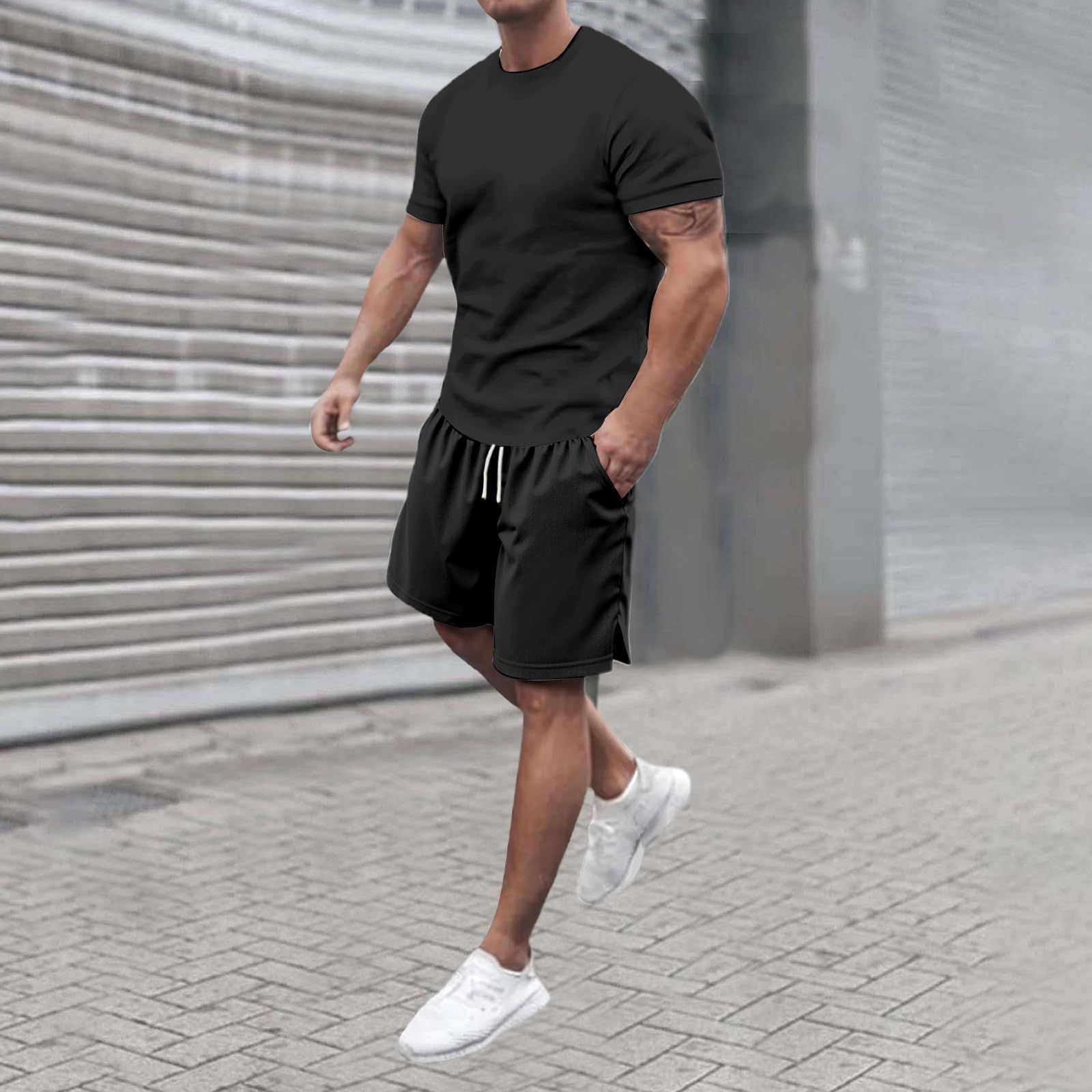 Ensemble Survêtement Homme 2 Pièces Tee Col Rond Manches Courtes Short à Cordon Tissu Respirant Décontracté Été Sport Loisir Dix Couleurs Polyvalent Quotidien