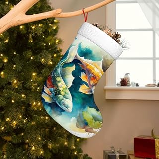 Yioniii 2024 Christmas Stockings,2 Fish Painting Pond carp Pattern Christmas Stocking Xmas Stocking Holiday Christmas Decoration Gifts for Family Kids 18inch,Multicolour
