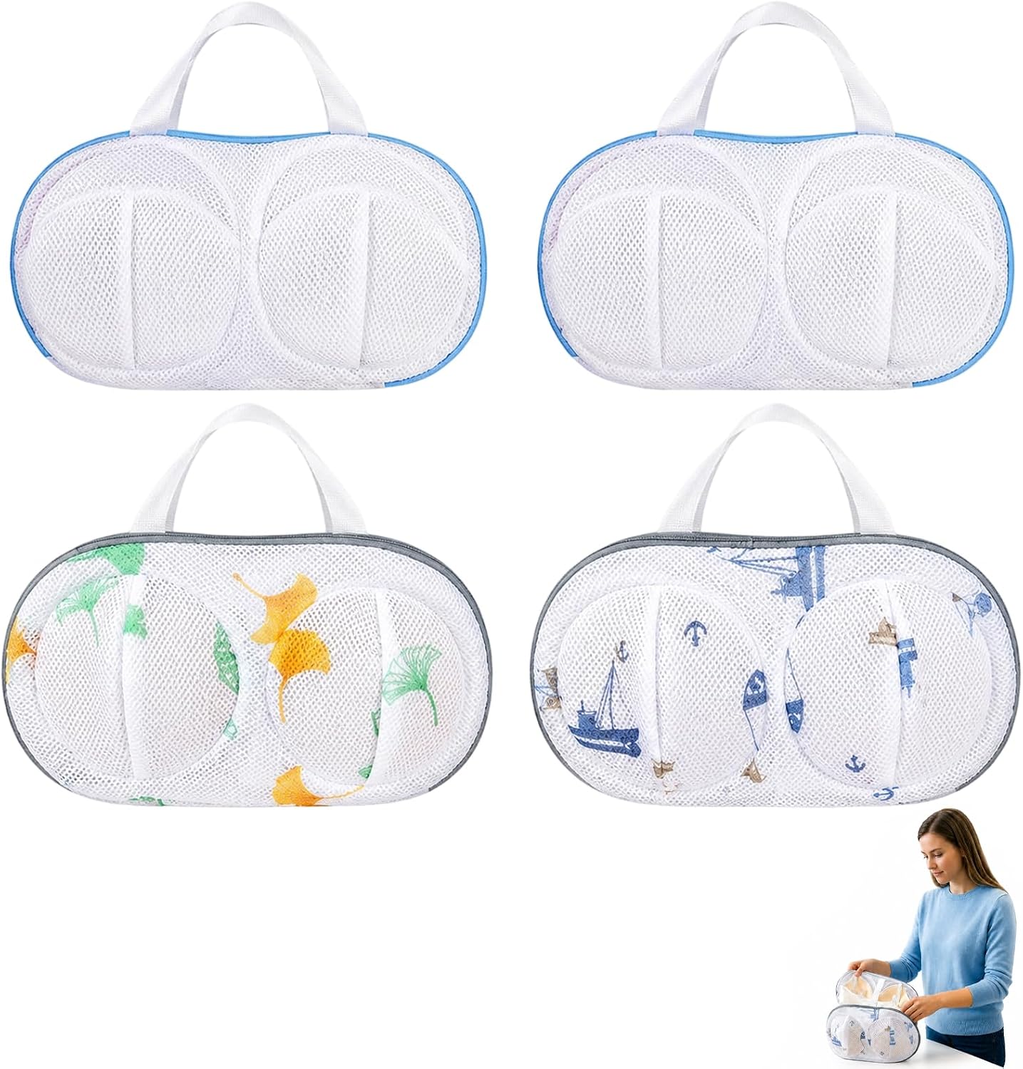4Pcs Bra Washing Protector Set, Bra Washer Protector for Laundry with Molded Compartments, 360° Structured Support, Protect Underwire & Cups, Anti-Snag Breathable Mesh for Delicates