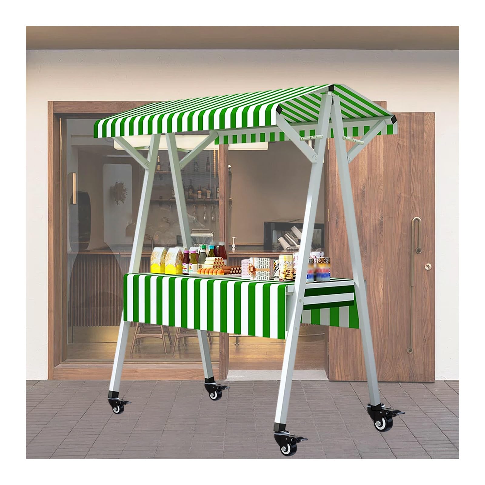 Bancarella per mercatino,Carrello per snack con ruote bloccabili,espositore mobile, carrello portatile,Struttura stabile，Capacità di carico: 150 kg(Green stripes,110x60x200cm)