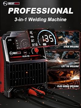 BESTMIG 135A MIG Welder - 3-in-1 Flux Core Welder, MIG/Lift TIG/Stick Welding Machine - Portable IGBT Inverter - 110V with Welder Helmet and Gloves (Red Black, MIG 135A Welder)