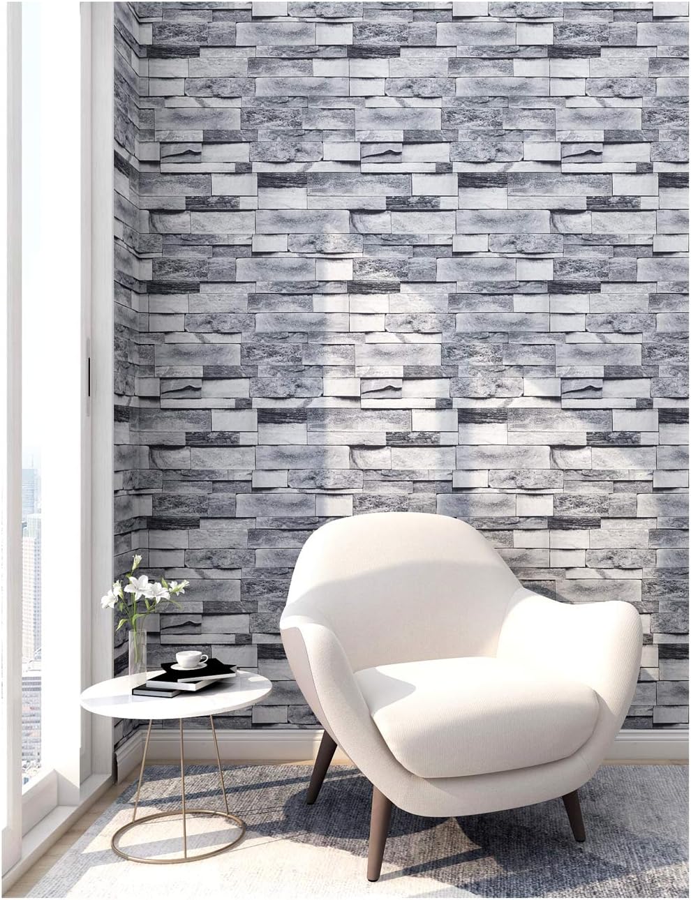 HAOKHOME 91064-1 Peel and Stick Faux Brick Stone Wallpaper 17.7in x 9.8ft Gray Vinyl Self Adhesive Decorative