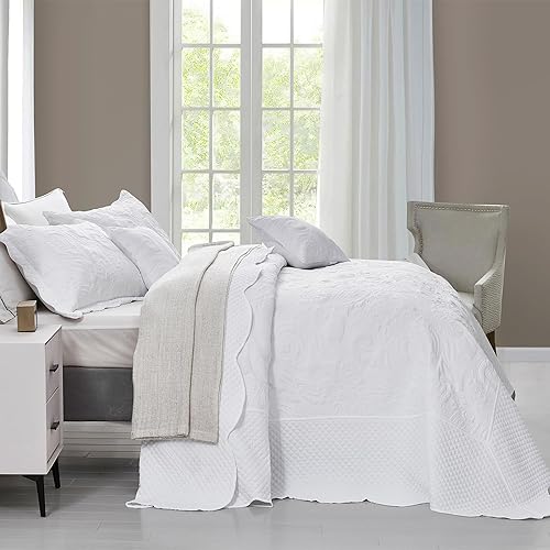 Vista 118 de Colcha extragrande tamaño King, funda de cama ligera ultrasónica, patrón de cachemira, reversible, 5 piezas, 100% microfibra, blanco puro 1-amarillo